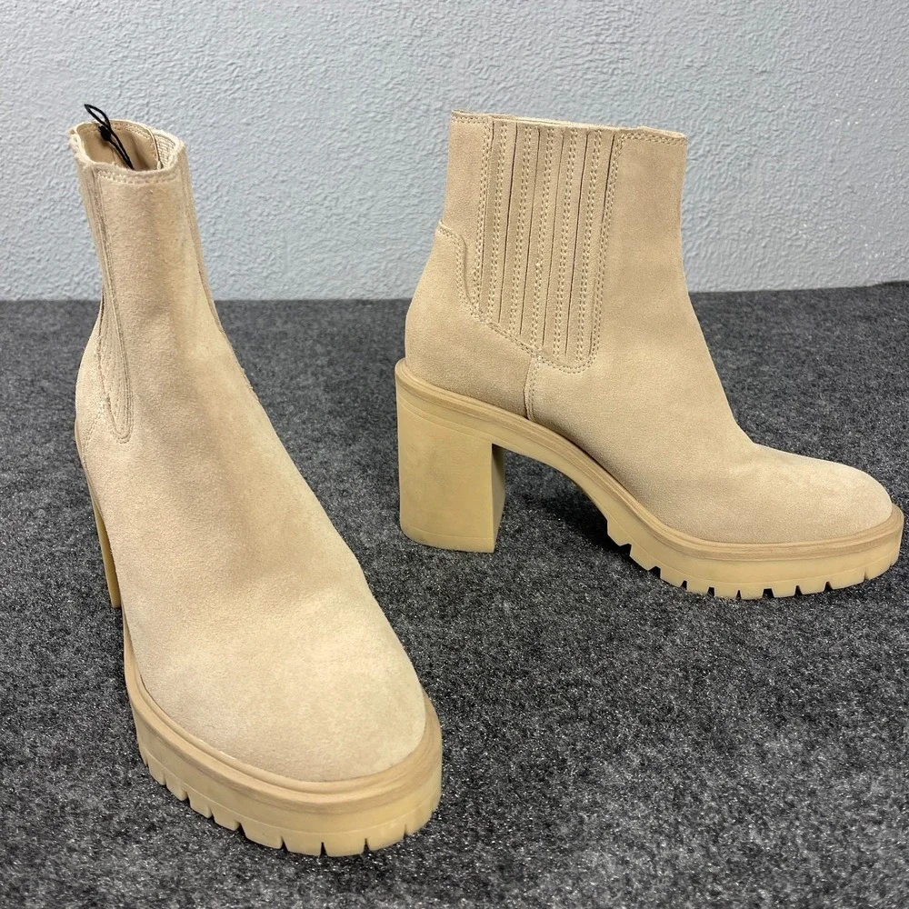 Dolce Vita Chelsea Boots Womens 10 Beige Suede Platform Lug Sole Block - Picture 2 of 10